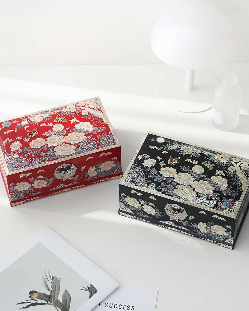 Mother-of-Pearl Lacquer Jewelry Box with Peony Garden Design, 2-Tier, 24cm