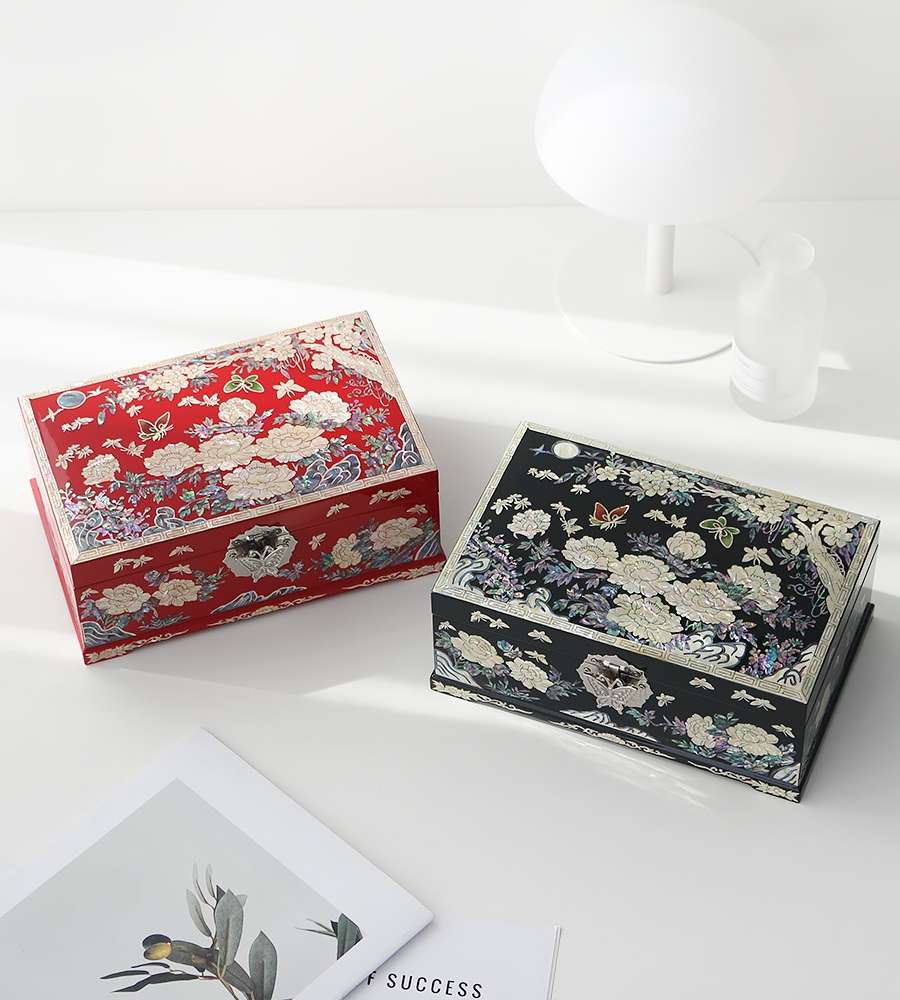 Mother-of-Pearl Lacquer Jewelry Box with Peony Garden Design, 2-Tier, 24cm