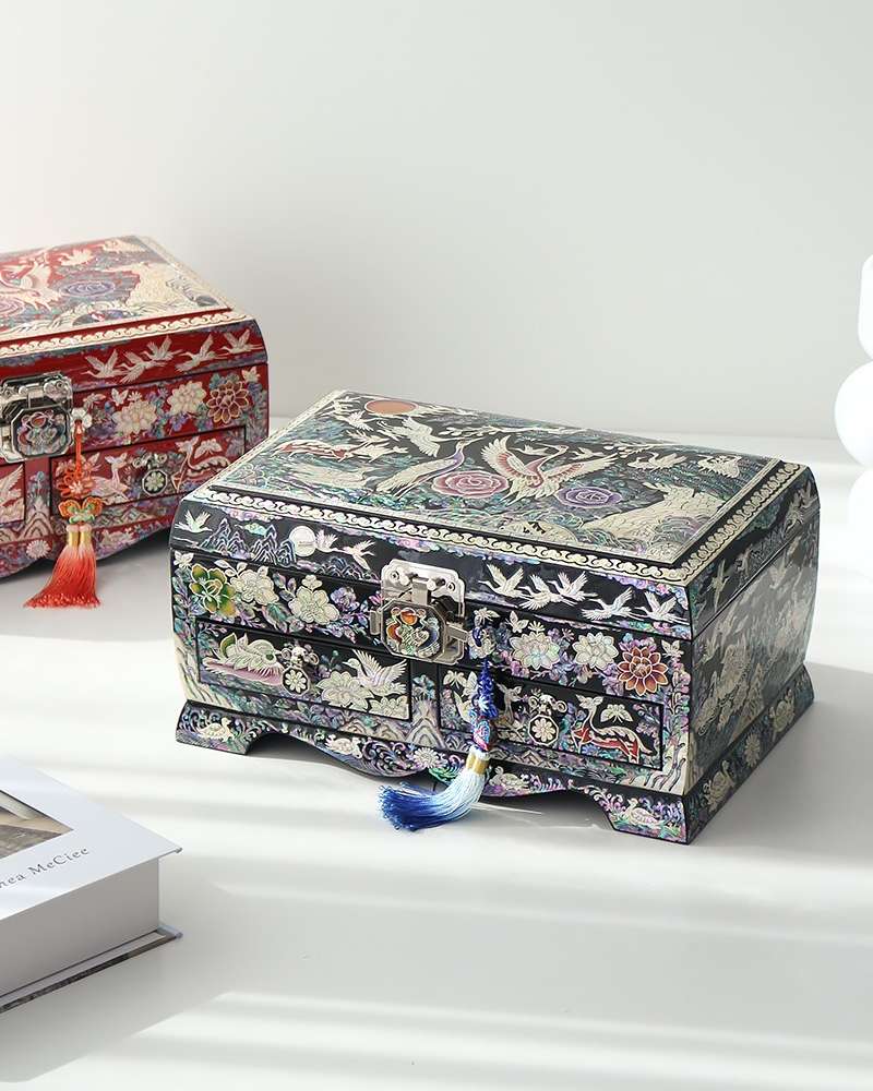 Rangjai Mother-of-Pearl Lacquerware Pine and Crane Rolling Extra-Large Drawer Jewelry Box