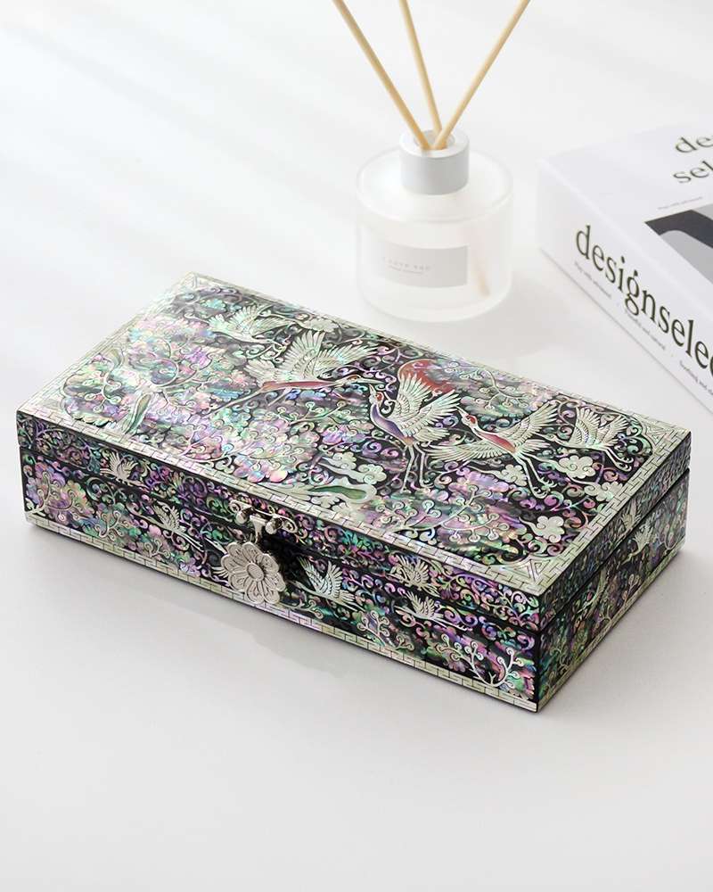 Najo Lacquerware Crane and Scrollwork Single-Tier Abalone Jewelry Box, 23cm (Black) – Masterwork by Intangible Cultural Property Holder Jang Tae-bok