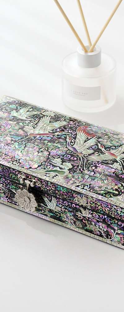 螺鈿漆器 松鶴唐草 1段 貝細工ジュエリーボックス 23cm ブラック(長泰復文化財技能保有者作品)