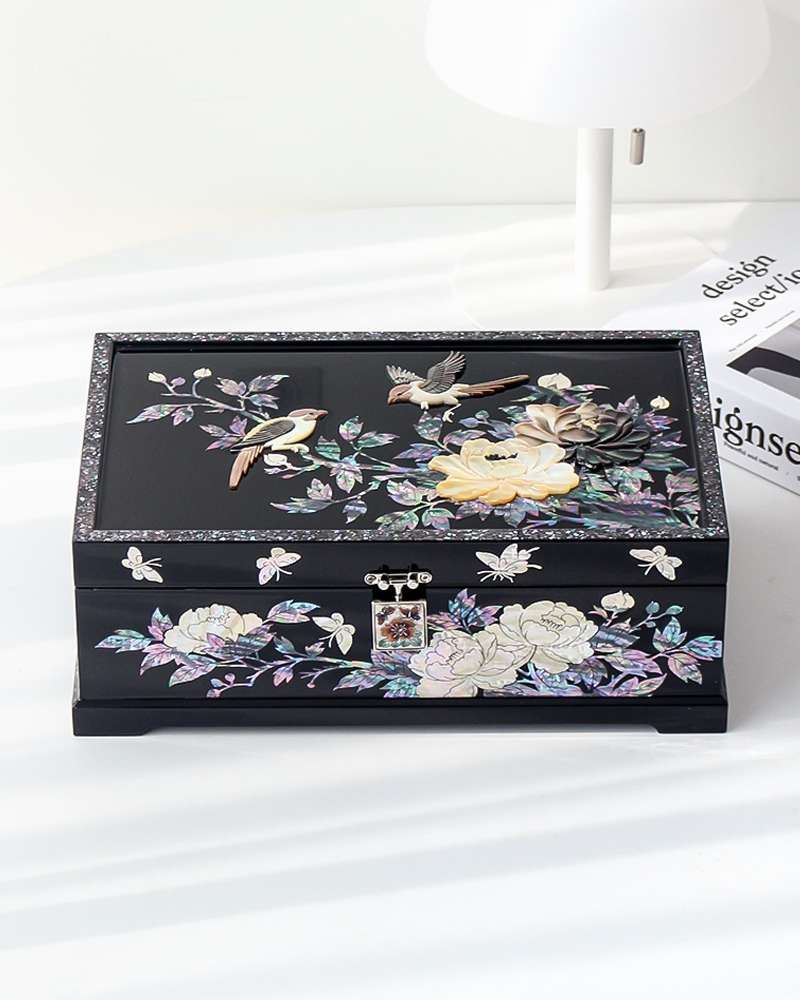 Premium Najeon Lacquerware Peony Patterned Two-Tier Mother-of-Pearl Jewelry Box 30cm