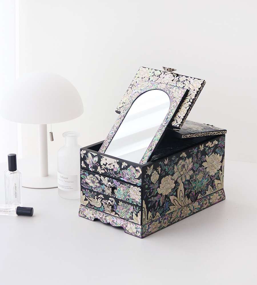 Mother-of-Pearl Lacquerware Luxurious Peony Flower Jewelry Box with Mirror (Extra Large)
