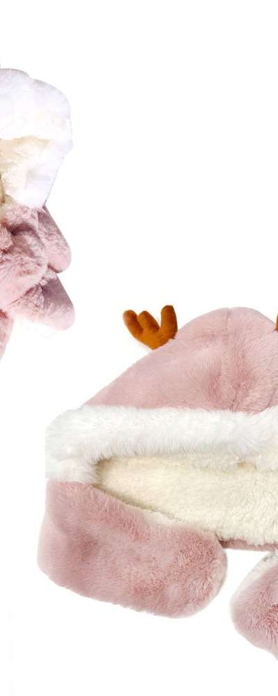 Cute Rudolf Hood Scarf - Pink (Warm Ear Cover Winter Hoodie Muffler)