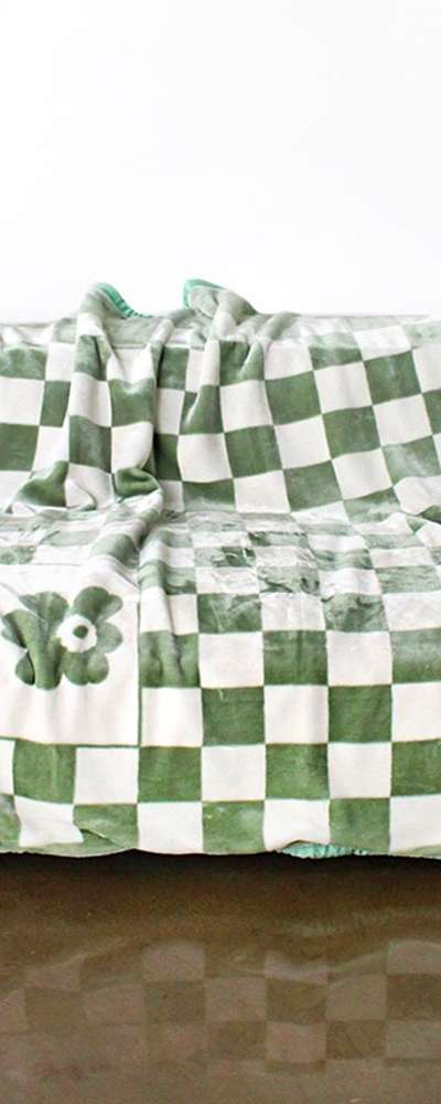 Soft Green Checkered Flower Microfiber Blanket (Thick Winter Mink Blanket Aesthetic Camping Grandma Style)