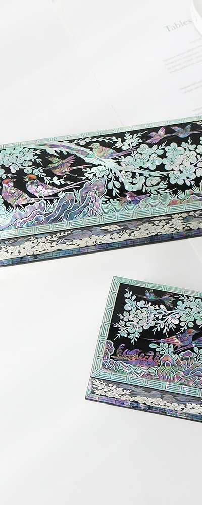 螺鈿漆器 梅花 自動 貝殻筆箱+名刺入れ(黒)