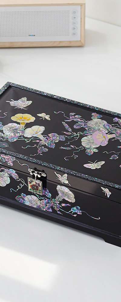 高級螺鈿漆器 朝顔文様 螺鈿装飾 2段ジュエリーボックス 30cm