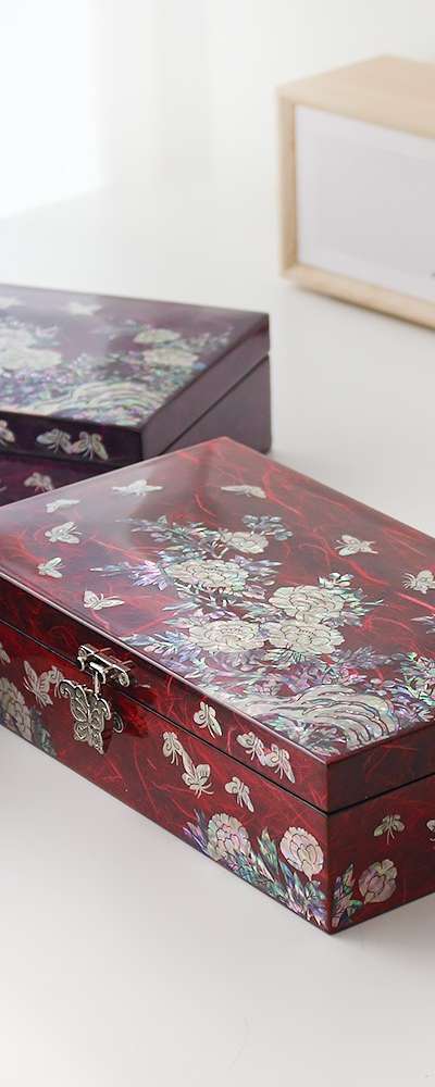 螺鈿漆器 韓紙 蝶牡丹 1段ジュエリーボックス(大) 23cm