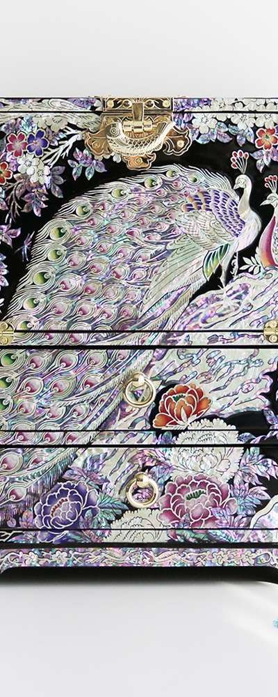 高級 螺鈿漆器 孔雀 半閣 引き出し式 装飾宝石箱(特大)장태복文化財機能人作品