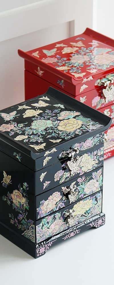 螺鈿漆器牡丹花ビビッド2段引き出し貝殻ジュエリーボックス