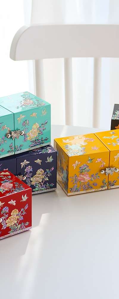 螺鈿漆器 カラー牡丹花 ミニ双合 貝細工ジュエリーボックス