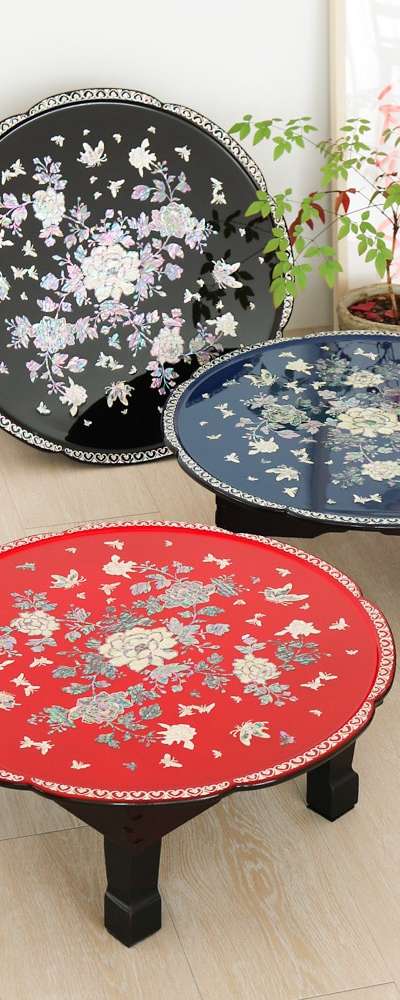 螺鈿漆器 ビビッド 蝶牡丹 花円形 折りたたみ式 螺鈿卓 51センチ