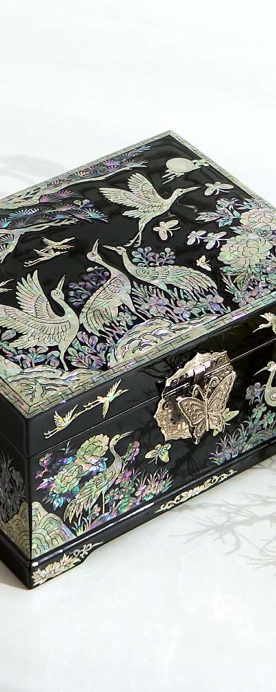 螺鈿漆器 長寿鶴 2段 貝殻ジュエリーボックス 黒18センチ