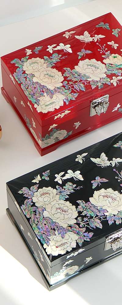 螺鈿漆器牡丹花模様貝殻ジュエリーボックス 21cm