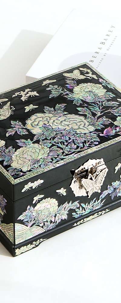 螺鈿漆器 牡丹花 2段 貝殻ジュエリーボックス 黒18センチ