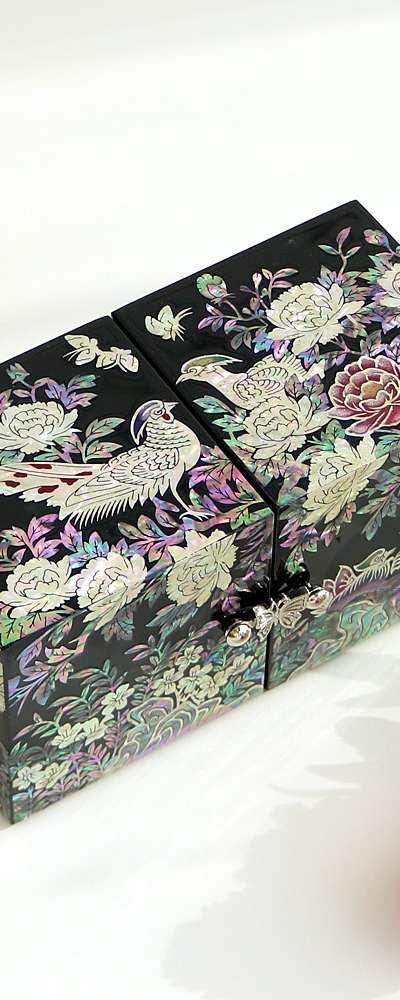 螺鈿漆器 金鶏牡丹 双合 貝細工ジュエリーボックス(大)