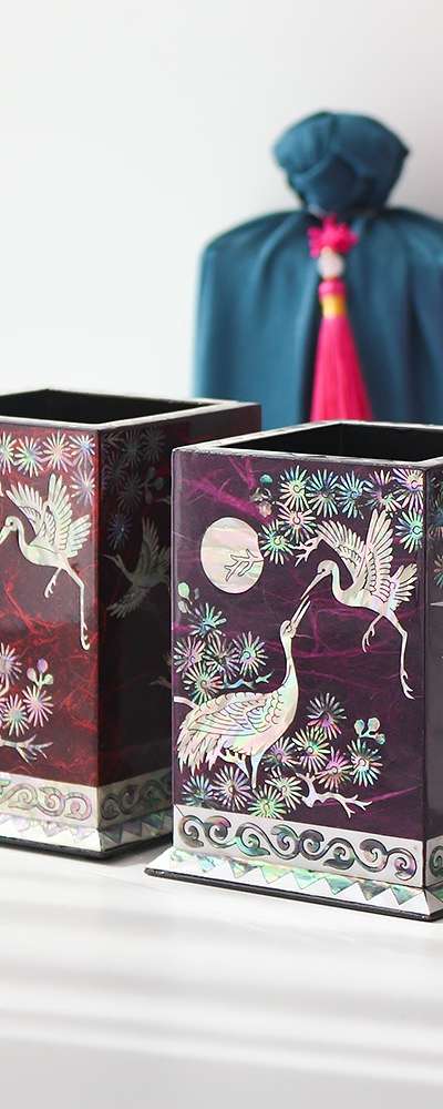 螺鈿漆器 韓紙 松鶴 貝殻 ペン立て&鉛筆立て