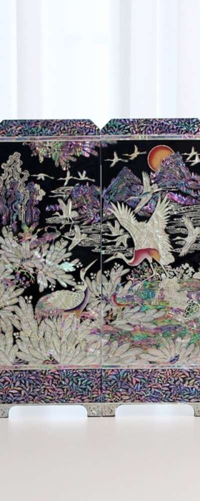 螺鈿漆器十長生 4曲 装飾用貝殻屏風 特大(장태복 文化財 機能人作品)