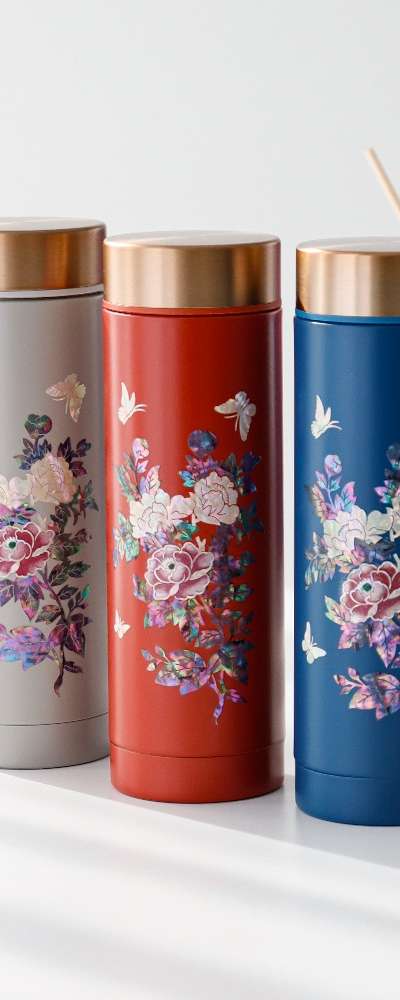 螺鈿漆器 色絵牡丹 ステンレス 貝殻タンブラー 300ml