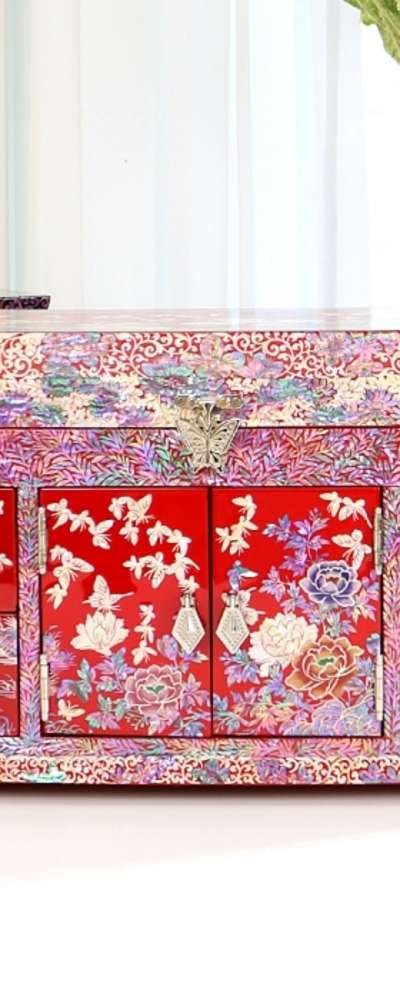 高級螺鈿漆器 蓮花文様 引き出し式 貝細工ジュエリーボックス