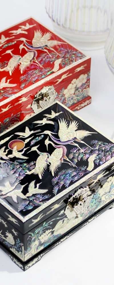 ランジェ 螺鈿漆器 長寿松鶴 2段 貝殻ジュエリーボックス 18センチ (金永万文化財機能人作品)