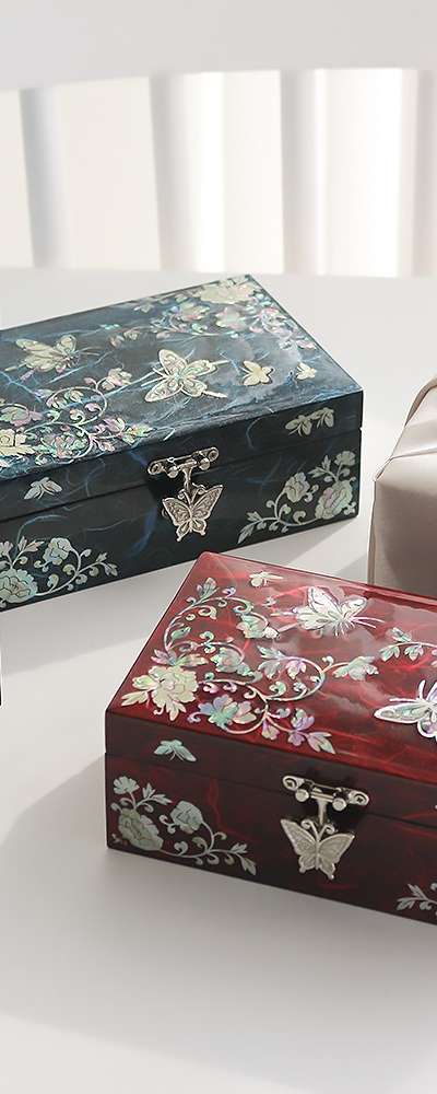 螺鈿漆器 韓紙 蝶牡丹花 ジュエリーボックス 16センチ 貝殻細工 アクセサリー収納ボックス