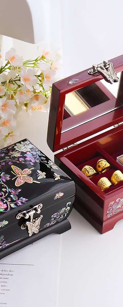 螺鈿漆器 転がし ミニ 貝細工宝石箱(花蝶/孔雀蝶) 貝細工箱 アクセサリー収納箱