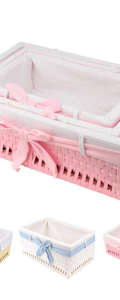 Linen Rectangular Ribbon Basket (Storage Container Organizer Basket Toy Box)