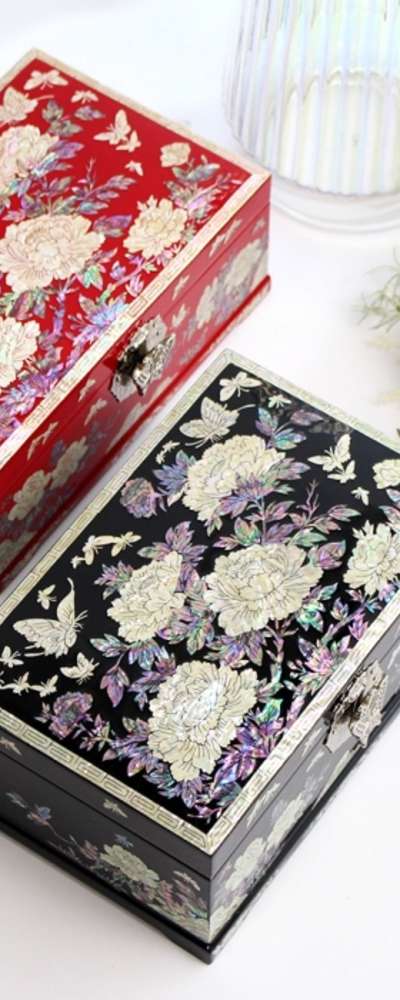 螺鈿漆器 牡丹花 2段 貝殻ジュエリーボックス 24cm 貝殻ボックス アクセサリー収納ボックス 結納ボックス