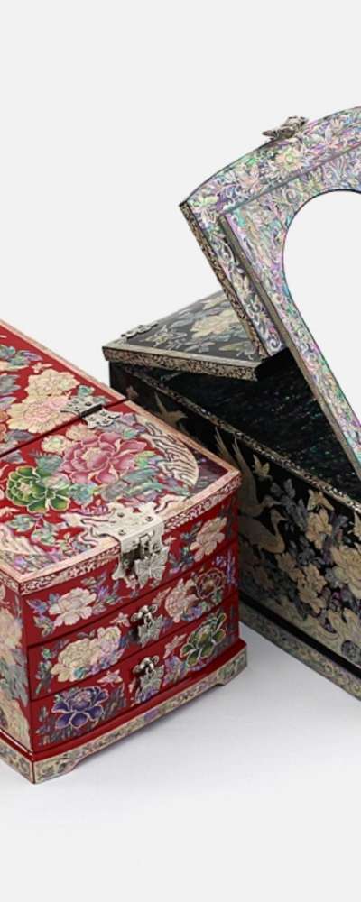 螺鈿漆器牡丹花鏡台貝殻宝石箱（特大）貝殻box アクセサリー収納box 外国人ギフト 螺鈿工芸品