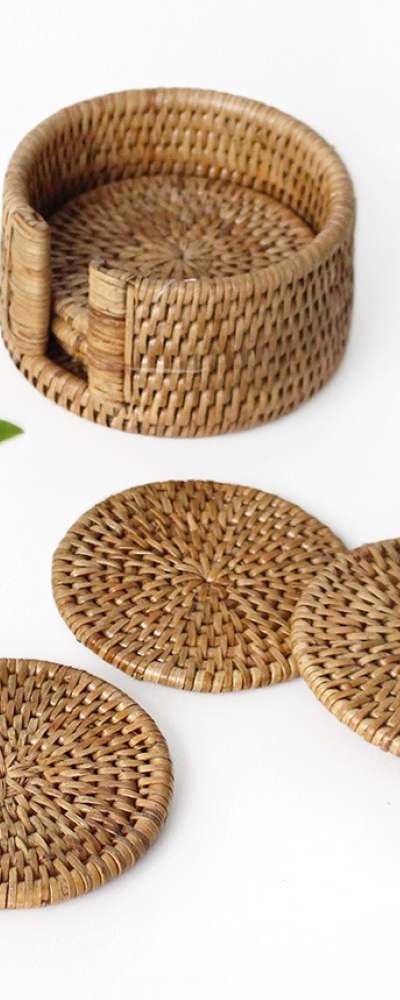 Premium Rattan Round Tea Coaster 6-Piece Set with Storage Box