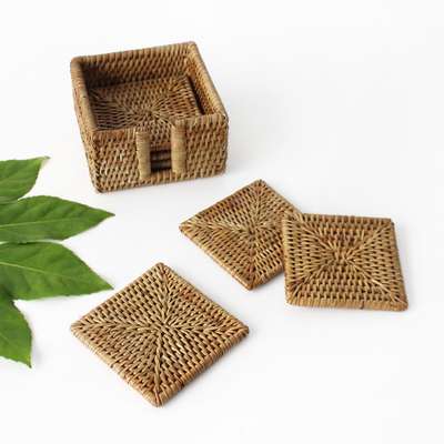 Premium Rattan Square Tea Coasters 6-Piece Storage Set (Cup Coasters Tea Cups Coffee Cups Wood Coasters Table Mats)
