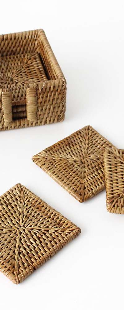 Premium Rattan Square Tea Coasters 6-Piece Storage Set (Cup Coasters Tea Cups Coffee Cups Wood Coasters Table Mats)