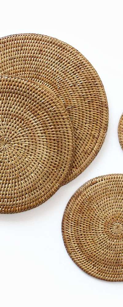 Rattan Round Mat (Premium Base Wooden Tray Serving Platter Table Mat Dining Mat Nordic Interior Decor)