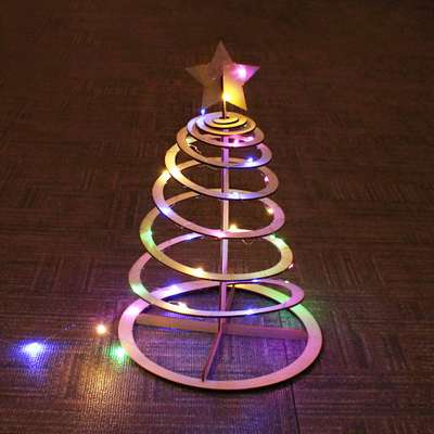 ウッドクリスマスツリー手作りキット（冬のクリスマス飾り DIY素材セット 木製ミニツリー LED照明）