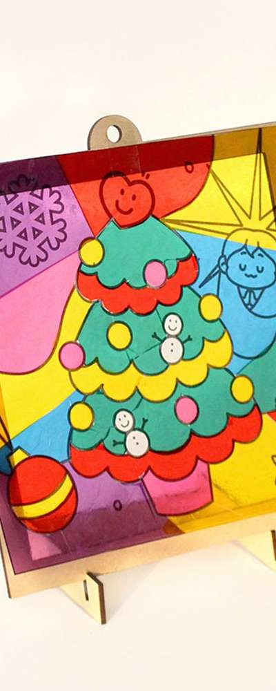 Christmas Tree Masterpiece Frame Suncatcher DIY Kit 10-Pack (Wood Craft Winter Materials Art Kit Room Decoration)