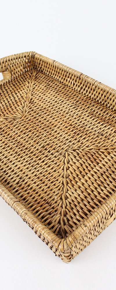 L. 34x25cm ラタン長方形トレイ ネオ | カフェ ハンドル パン盛り皿 整理 収納