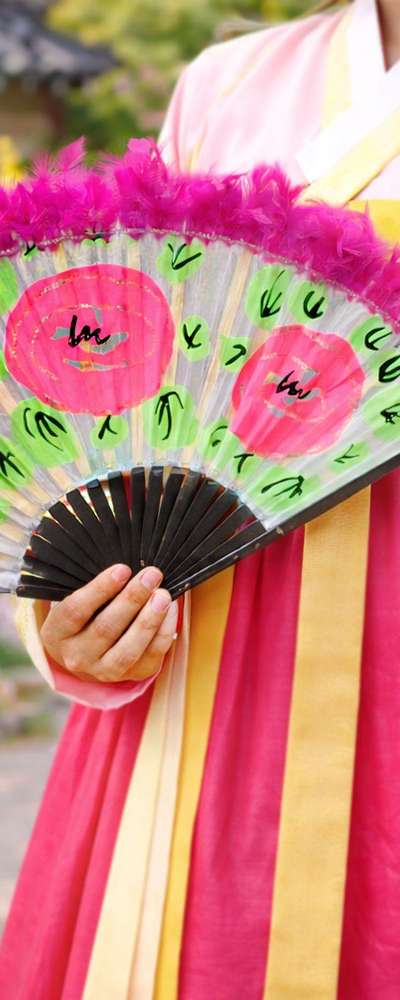 Traditional Black Korean Dance Fan 2P Set (Classic Korean Dance Sports Festival Event Practice Flower Fan Interior Decoration Prop)