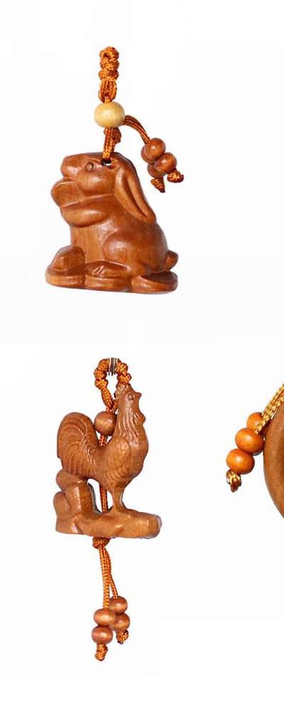 Peach Wood Twelve Zodiac Keyring (Dragon Rooster Horse Rabbit Key Holder Wealth Fortune Talisman Bulk Gift Promotional Item)