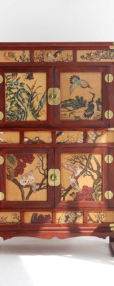 天然木彫刻画2段収納棚 伝統高級家具 アンティーク家具