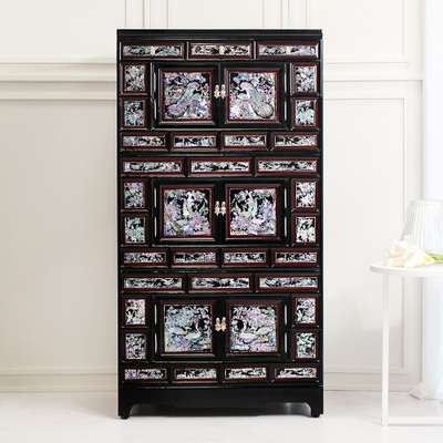 [Nacre Lacquerware Mother-of-Pearl Display Cabinet] Antique Phoenix Design 3-Tier Cabinet