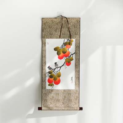 Handwritten Traditional Oriental Painting Scroll by Namjeong - Persimmon (Small)
