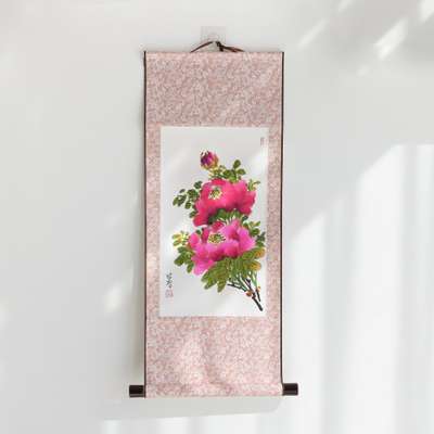 Handwritten Namjeong Oriental Painting Traditional Hanging Scroll Small Peony