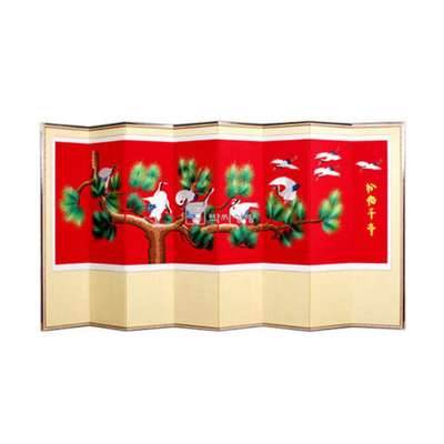 Baekssa Sangbang Pine and Crane Connected 8-Panel Red Embroidered Folding Screen with Support Rubber Fixation Device