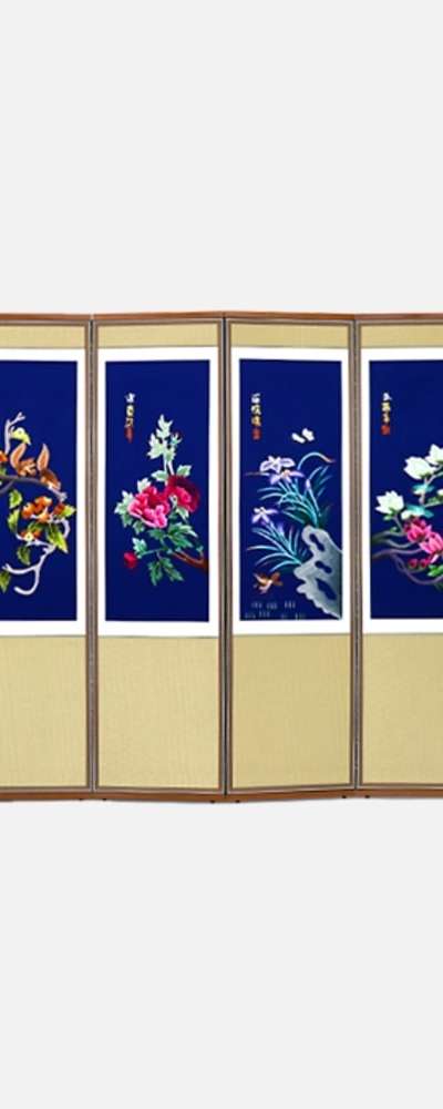 Hand-Embroidered 8-Panel Screen - Flowers and Birds 12 + Support Rubber Feet Included