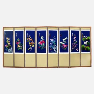 Hand-Embroidered 8-Panel Screen - Flowers and Birds 12 + Support Rubber Feet Included