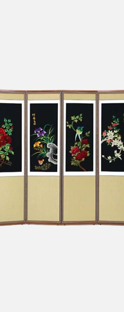 Hand-Embroidered 8-Panel Folding Screen - Birds and Flowers 10 + Support Rubber Bands Included