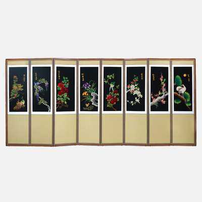 Hand-Embroidered 8-Panel Folding Screen - Birds and Flowers 10 + Support Rubber Bands Included