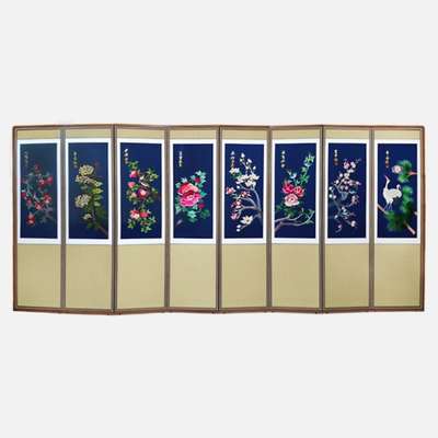 Hand-Embroidered 8-Panel Folding Screen - Birds and Flowers 09 + Support Rubber Feet Gift