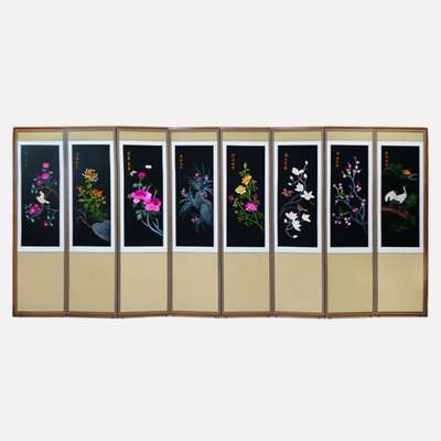 Hand-Embroidered 8-Panel Folding Screen - Flowers and Birds 08 + Support Rubber Feet Included